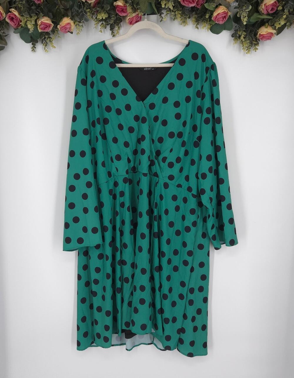 eShakti Green and Black Plus Size Long Sleeve Dress Size 30W